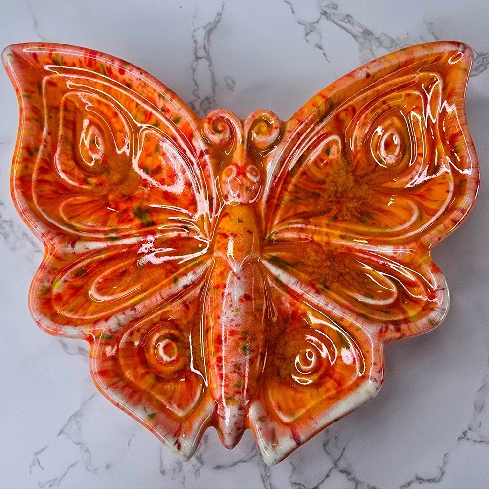 Vintage Ceramic Butterfly Dish Orange Splatter Glaze Catchall 2002 M.McD Signed